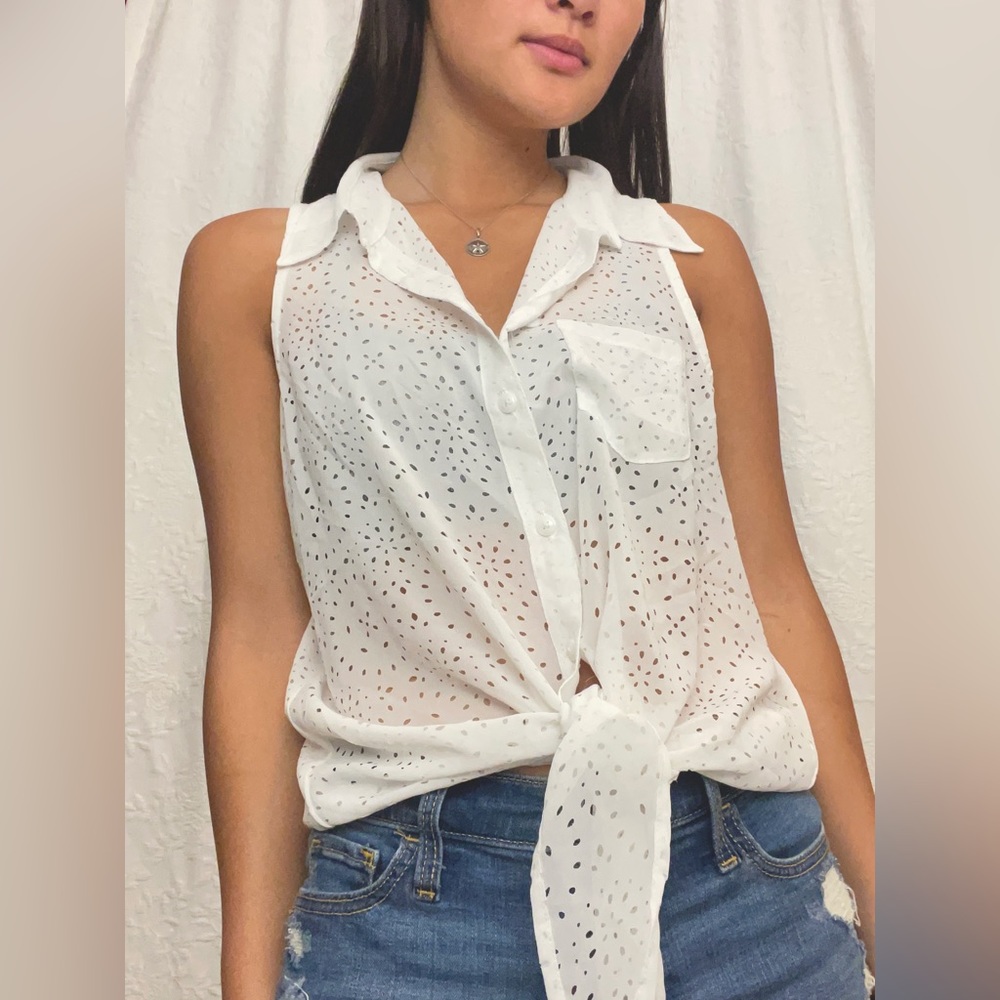 White textured button-down sleeveless shirt for the office